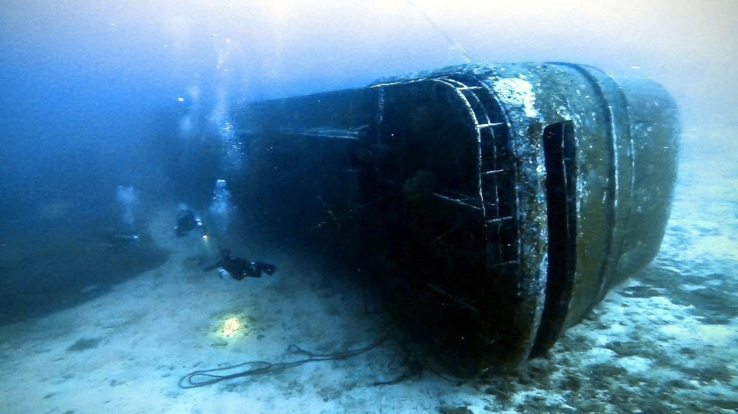 Underwater wreck on its side
